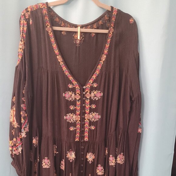 Free People Embroidered Boho Tunic Dress | Black, Medium | Semi-Sheer - Picture 1 of 5
